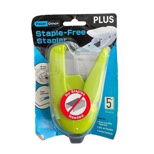 Plus Paper Clinch Staple Free Stapler Green 5 Sheet Capacity Tabs Interlock New!